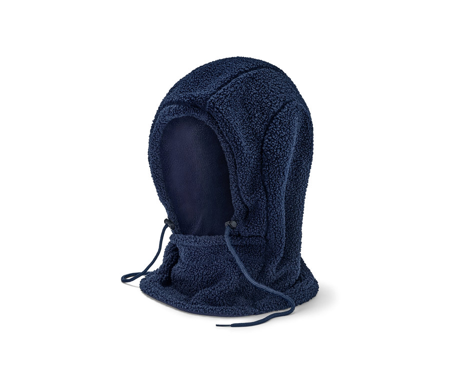 Lacivert, dik yakalı teddy kapüşon.