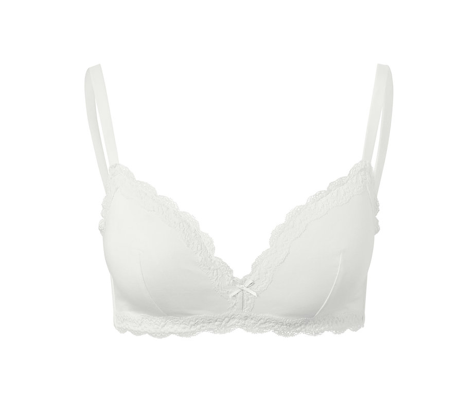 Beyaz, dantel detaylı yumuşak kalıplı sütyen.