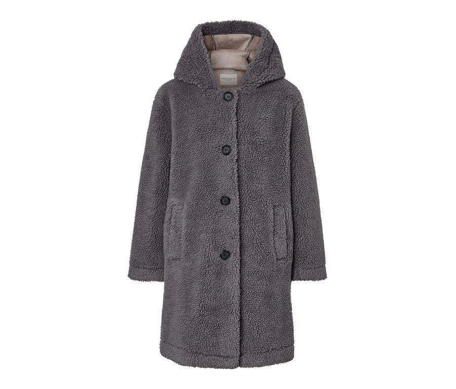 Gri kapüşonlu teddy palto.