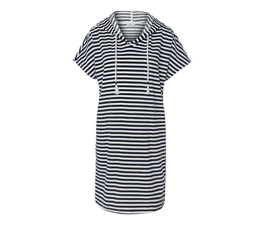 Kapüşonlu ve kısa kollu, çizgili havlu kumaş plaj elbisesi.