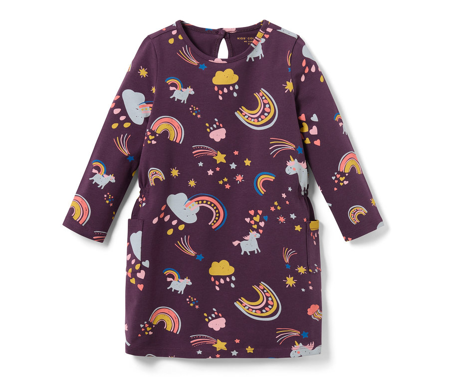 Gökkuşağı, tek boynuzlu at, yıldız ve bulut baskılı, uzun kollu, mor çocuk jarse elbise.