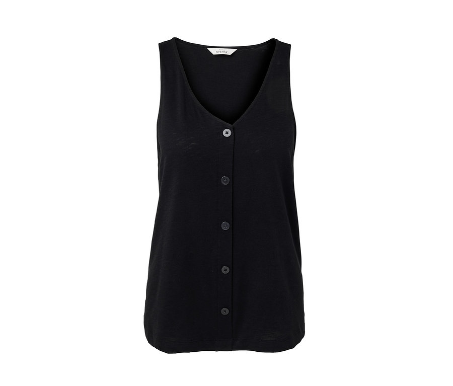 Düğmeli, siyah modal karışımlı bluz.