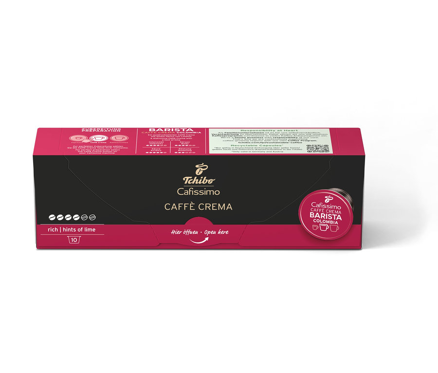 Bir paket Cafissimo Barista Caffè Crema Colombia kapsülü.