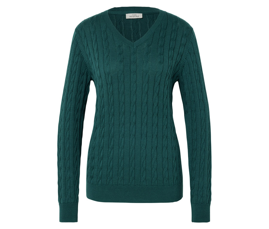 Petrol renginde, saç örgüsü desenli, V yakalı kazak.