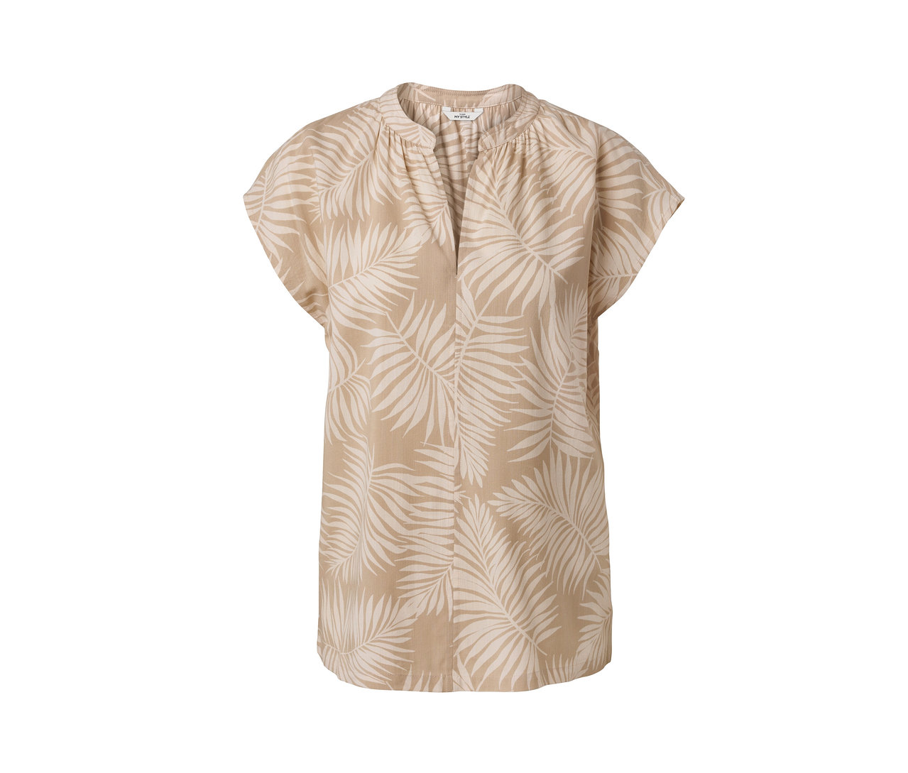 Bej yaprak baskılı kısa kollu bluz.