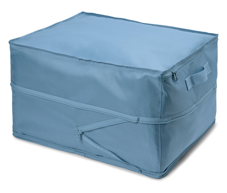 Fermuarlı, açık mavi kumaş saklama kutusu.