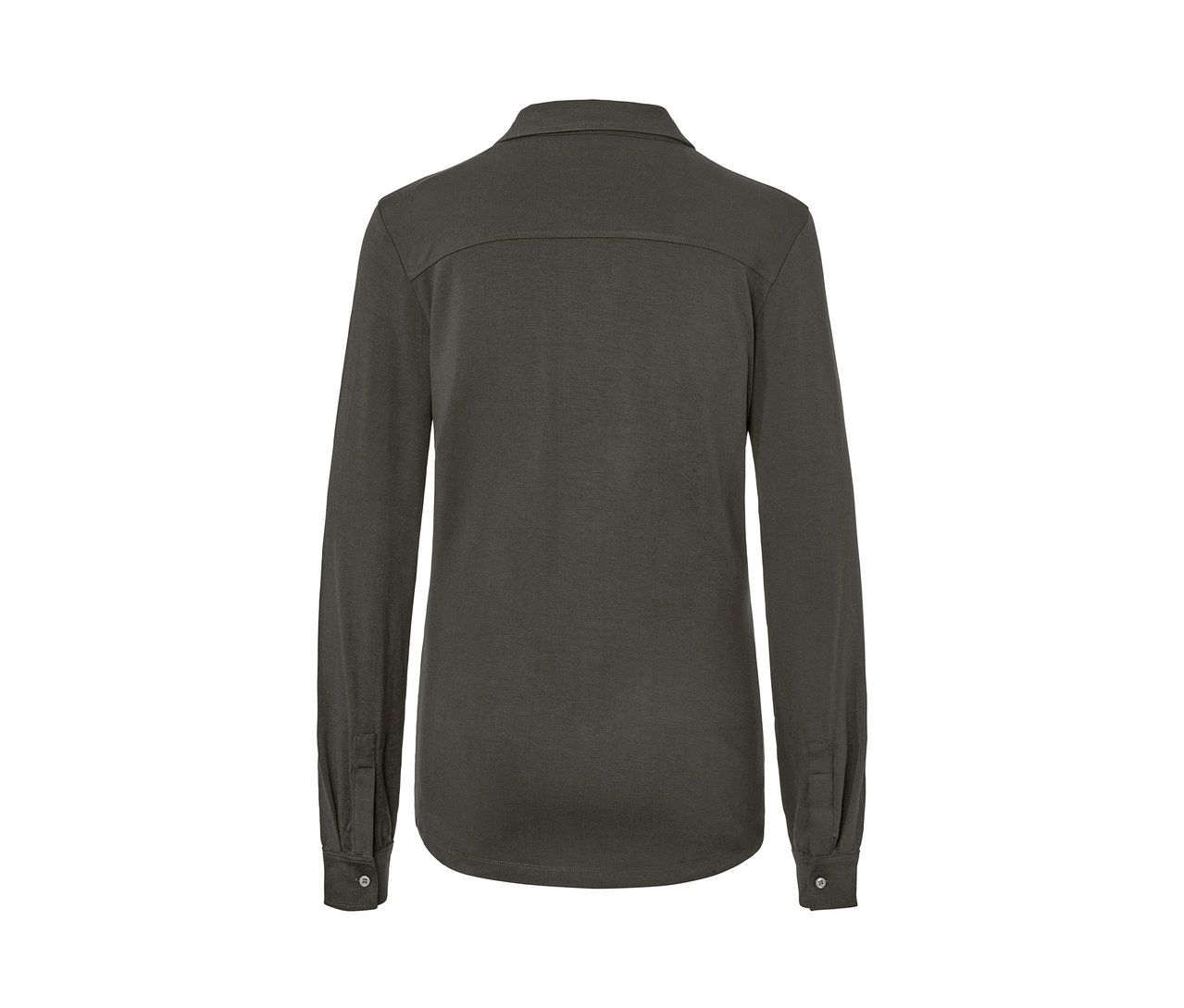 Düğme detaylı, koyu gri renkli bluz gömleğin arka kısmı