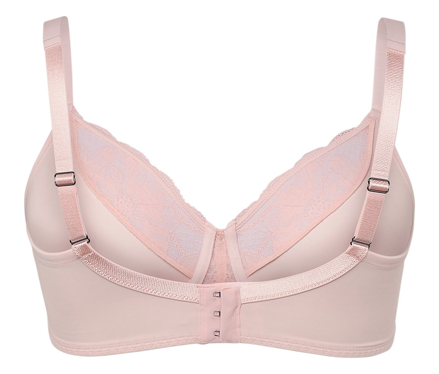 Açık pembe dantelli bir sütyenin arka detay görünümü.