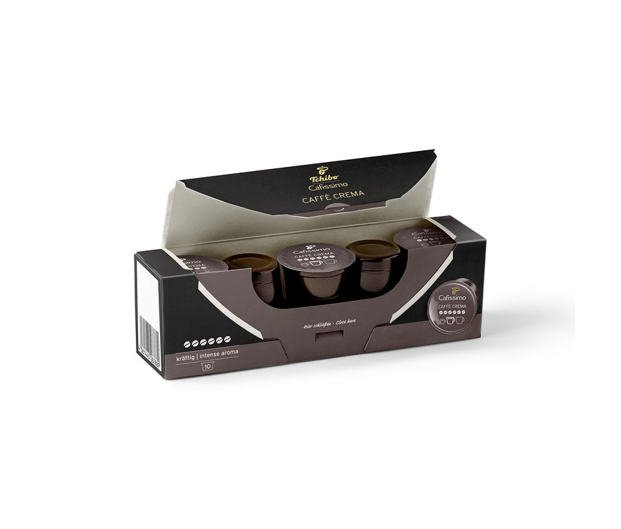 Üç koyu kahverengi kapsül içeren açık Tchibo Cafissimo Caffè Crema Intense Aroma - 10 Kapsül kutusu.