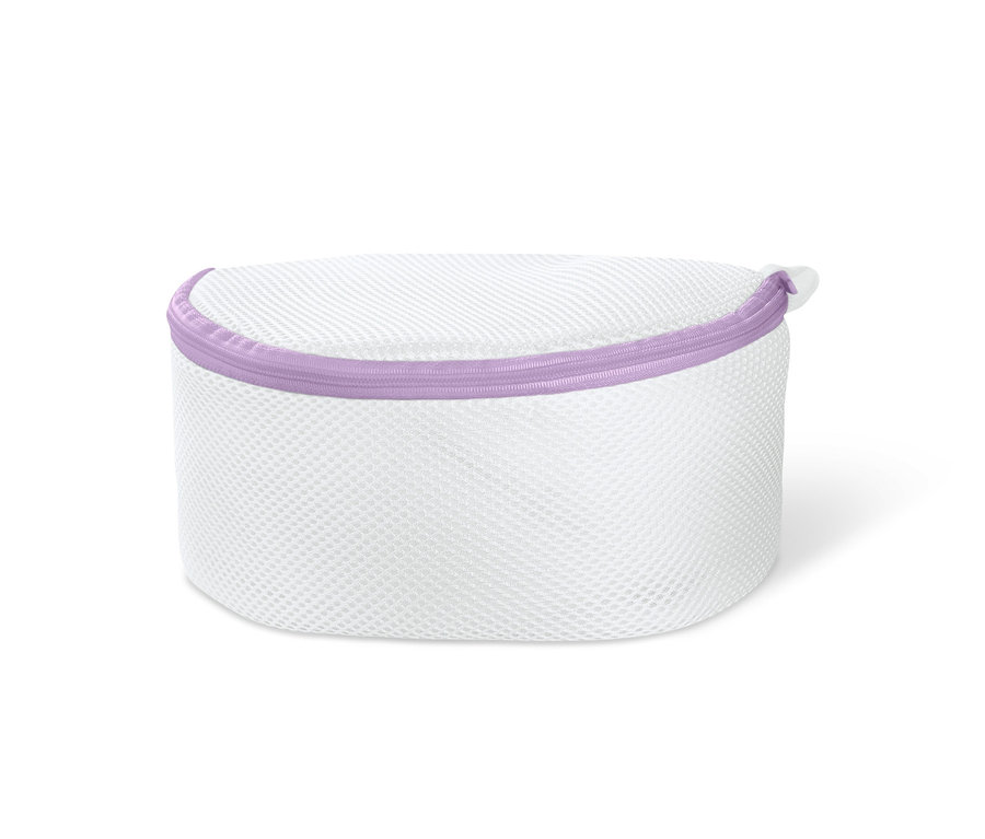 Mor renkli fermuarı olan beyaz Sütyen Yıkama Filesi.