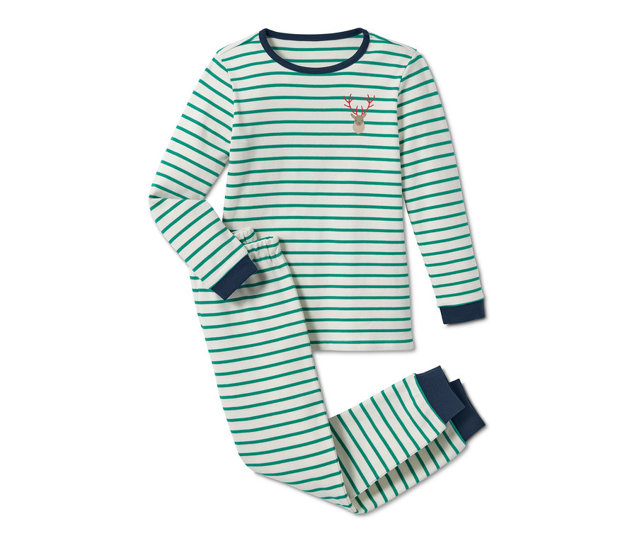 Lacivert biyeli ve geyik işlemeli, çizgili, organik pamuklu interlok pijama.