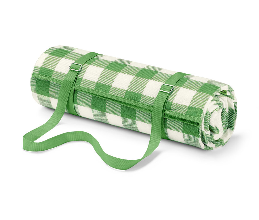 Yeşil askıları olan, rulo yapılmış, kareli piknik örtüsü, XL.