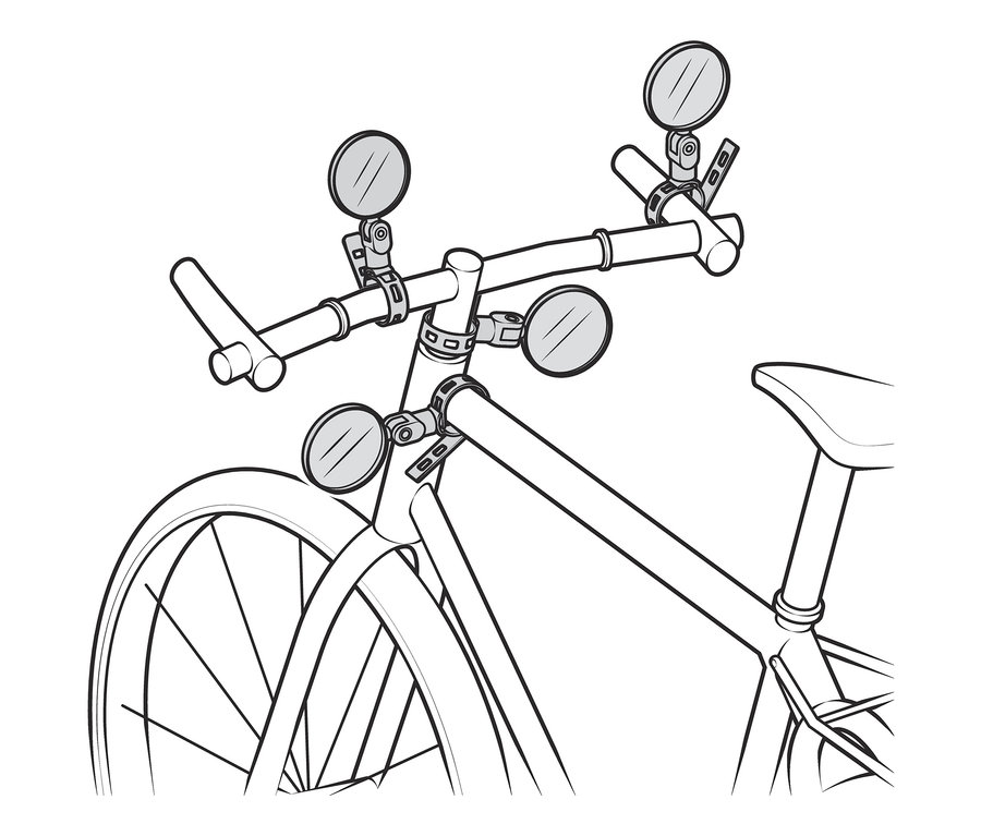 Gidonda beş adet Mini Bisiklet Aynası olan bir bisiklet çizimi.