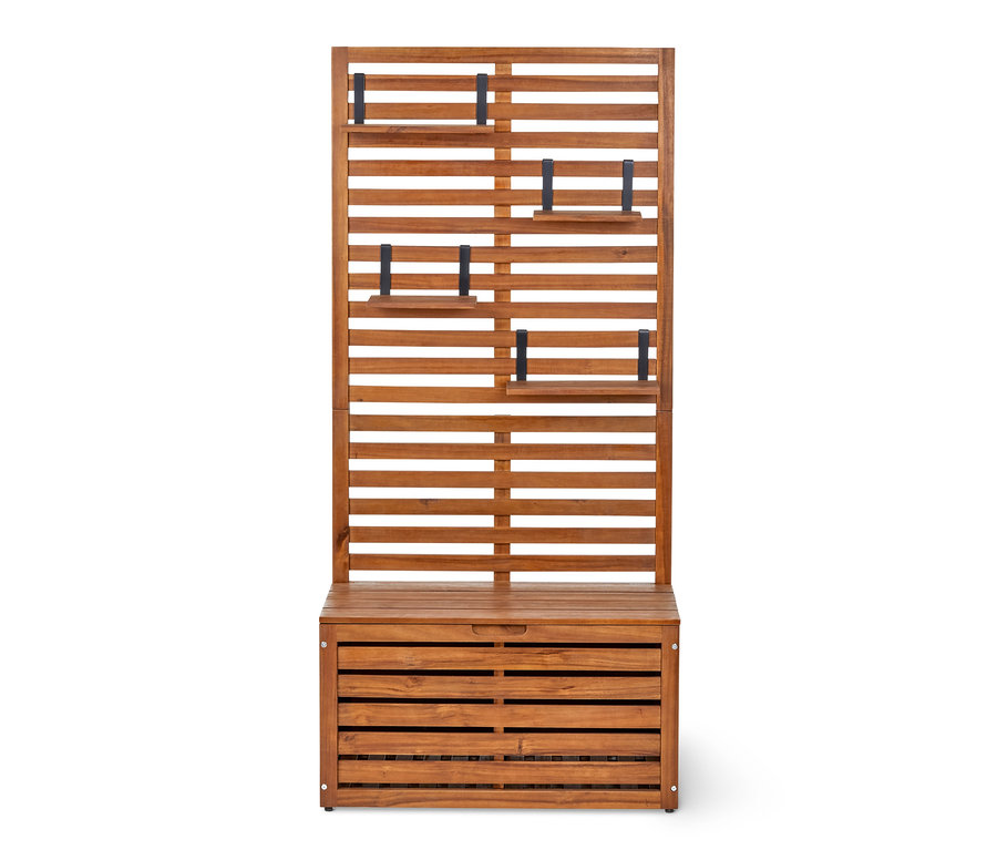 Akasya ağacından yapılmış, depolama alanına ve paravana sahip balkon bankı. 