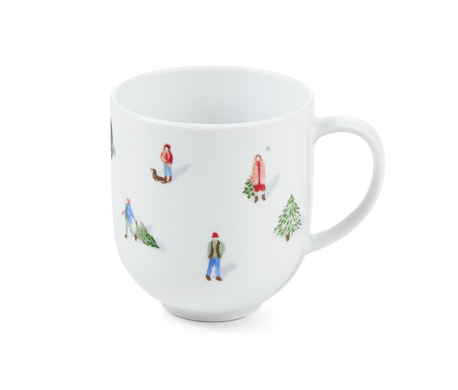 İnsan ve Noel ağacı çizimleri olan beyaz Jumbo Fincan.