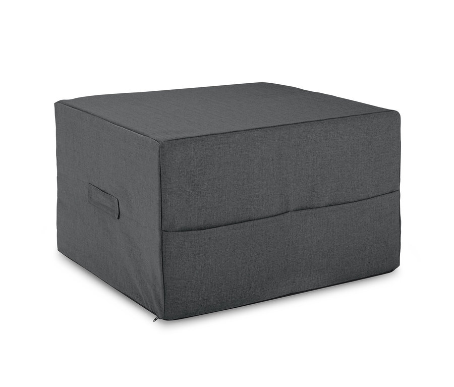 Katlanmış, gri renkli çift kişilik misafir yatağı.