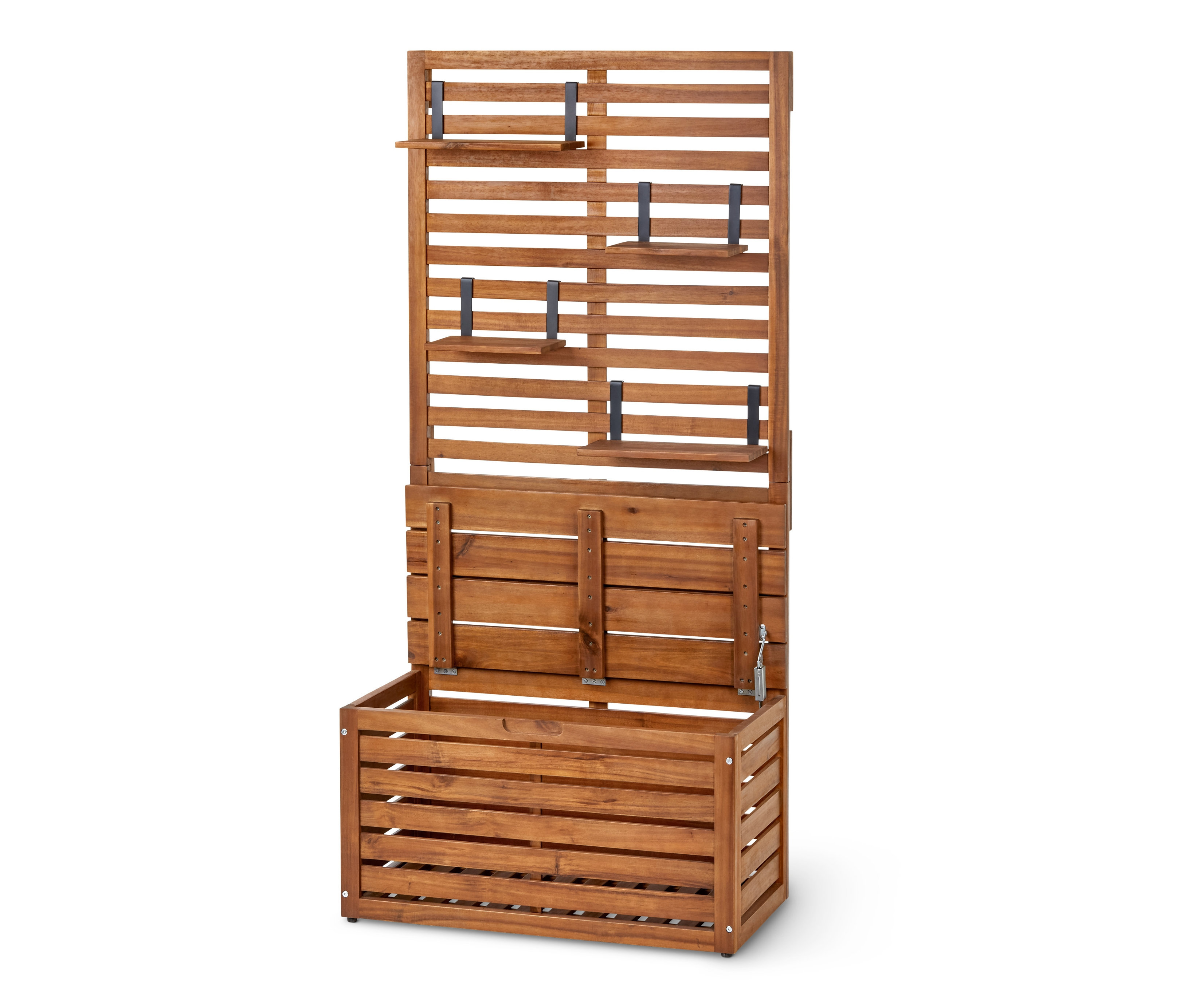 Kahverengi ahşaptan yapılmış, depolama alanına sahip açık balkon paravanlı bankı.