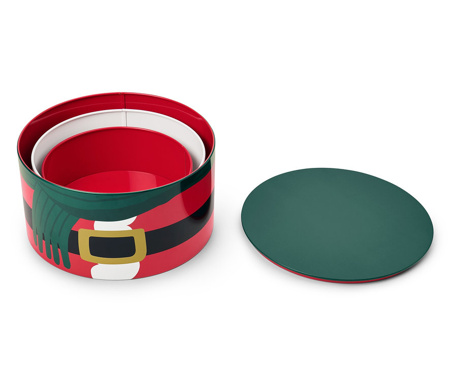 Noel motifli 3 adet kurabiye kutusu açık şekilde duruyor.