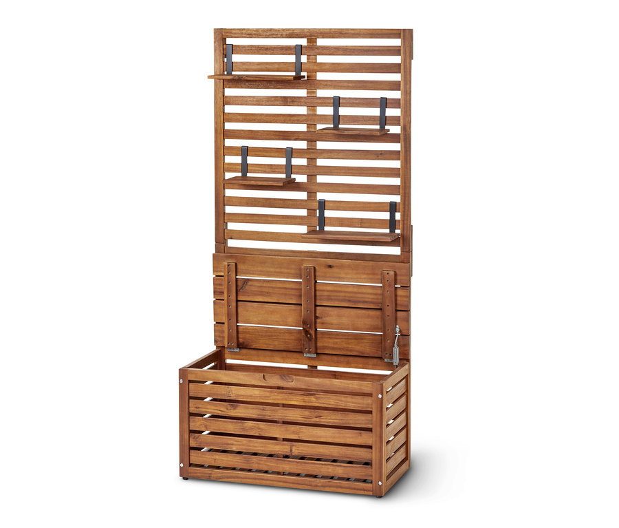 Kahverengi ahşaptan yapılmış, depolama alanlı ve paravanlı balkon bankı.