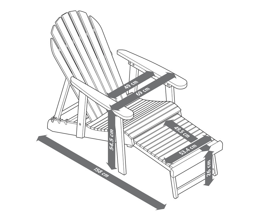 Uzatılabilir ayaklıklı Adirondack bahçe sandalyesinin ve ölçülerinin şeması.