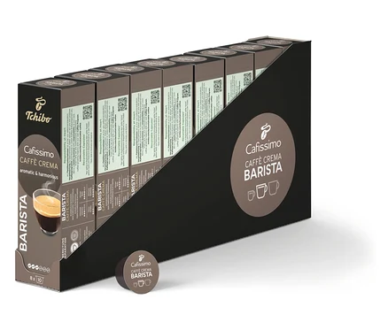 Sıra sıra Cafissimo BARISTA Caffè Crema kahve kapsülü paketleri.