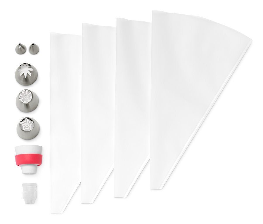 Çok Uçlu Sıkma Torbası Seti, krema sıkma uçları ve torbaları içerir.