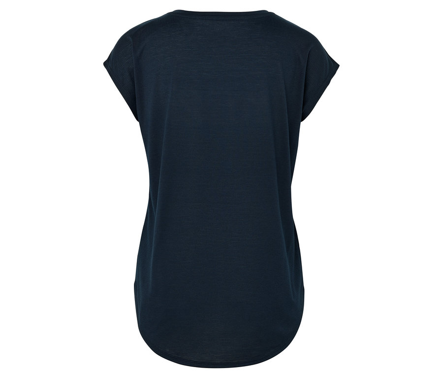 Kısa kollu, koyu lacivert bir tişörtün arka görünümü.