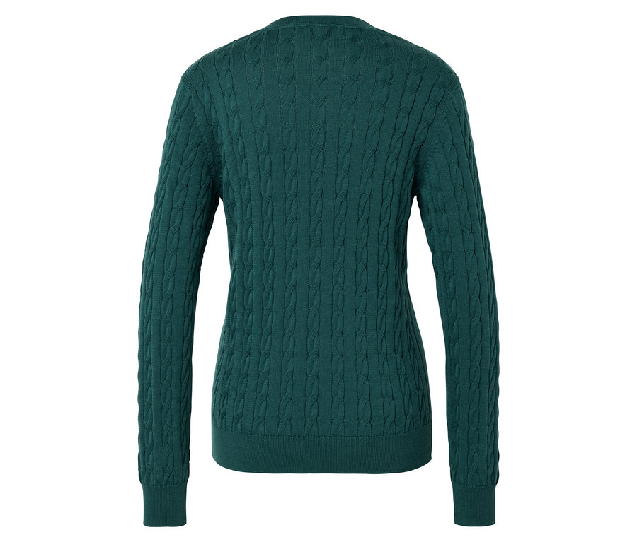 Zümrüt yeşili, örgü desenli, uzun kollu bir kazağın arkadan görünümü.