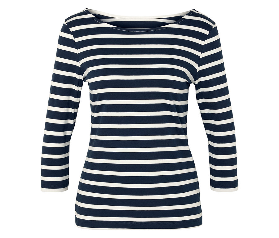 Lacivert ve beyaz çizgili, üç çeyrek kollu bluz.
