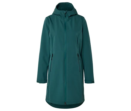 Önde fermuarı olan kapüşonlu, uzun, yeşil softshell ceket.