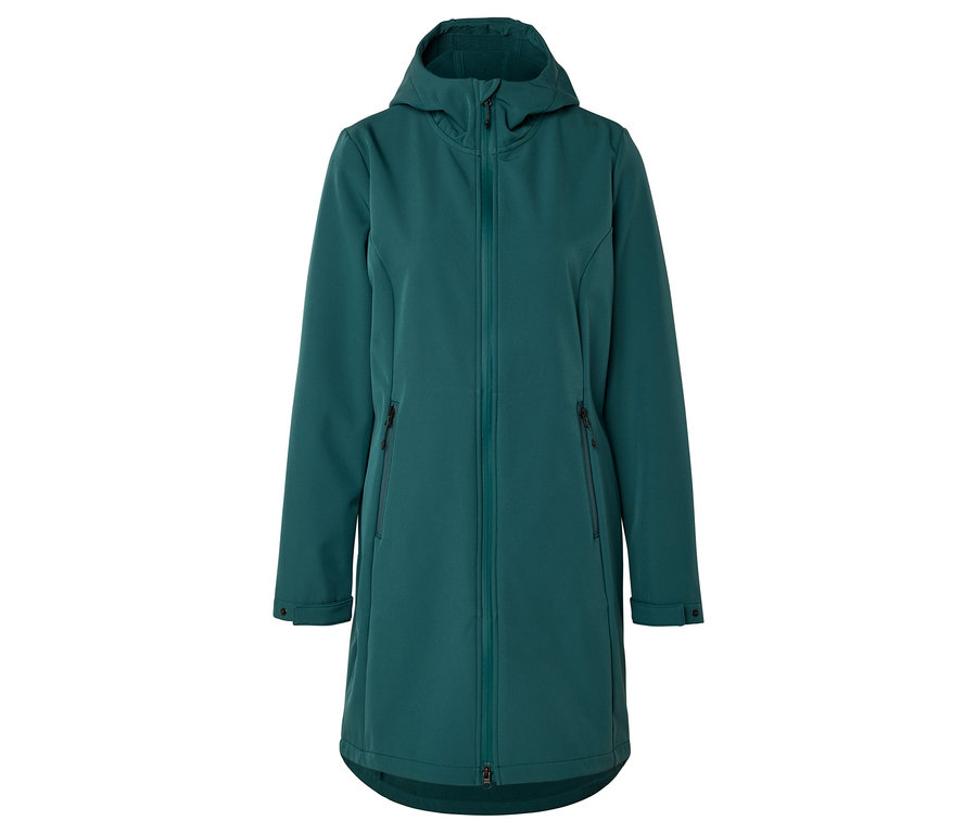 Önde fermuarı olan kapüşonlu, uzun, yeşil softshell ceket.