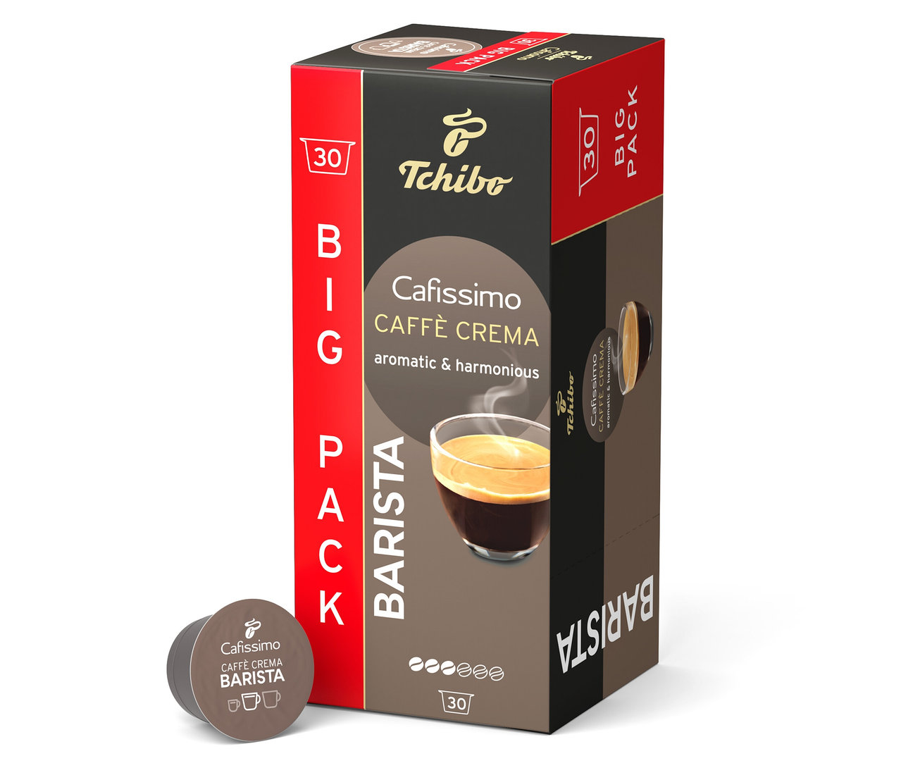 Beyaz bir arka planda bir paket Tchibo Cafissimo Caffe Crema Barista kahve kapsülü duruyor.