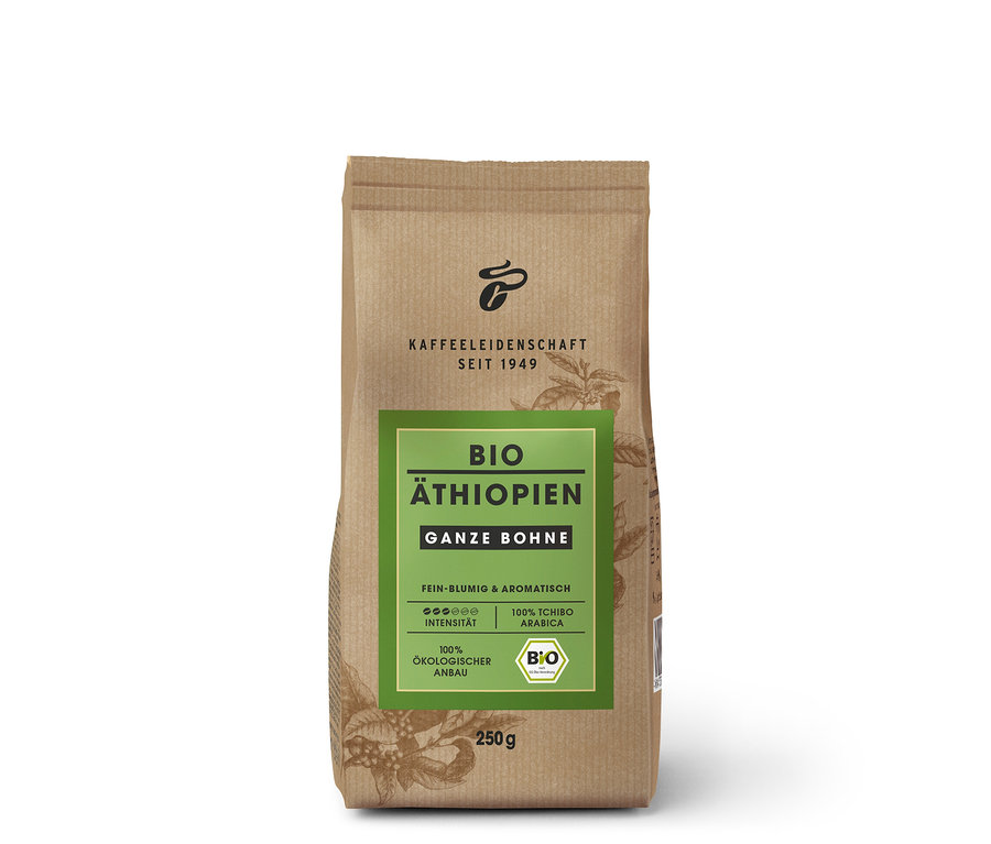 Organik Etiyopya - 250 g Çekirdek Kahve içeren kahverengi kağıt torba.
