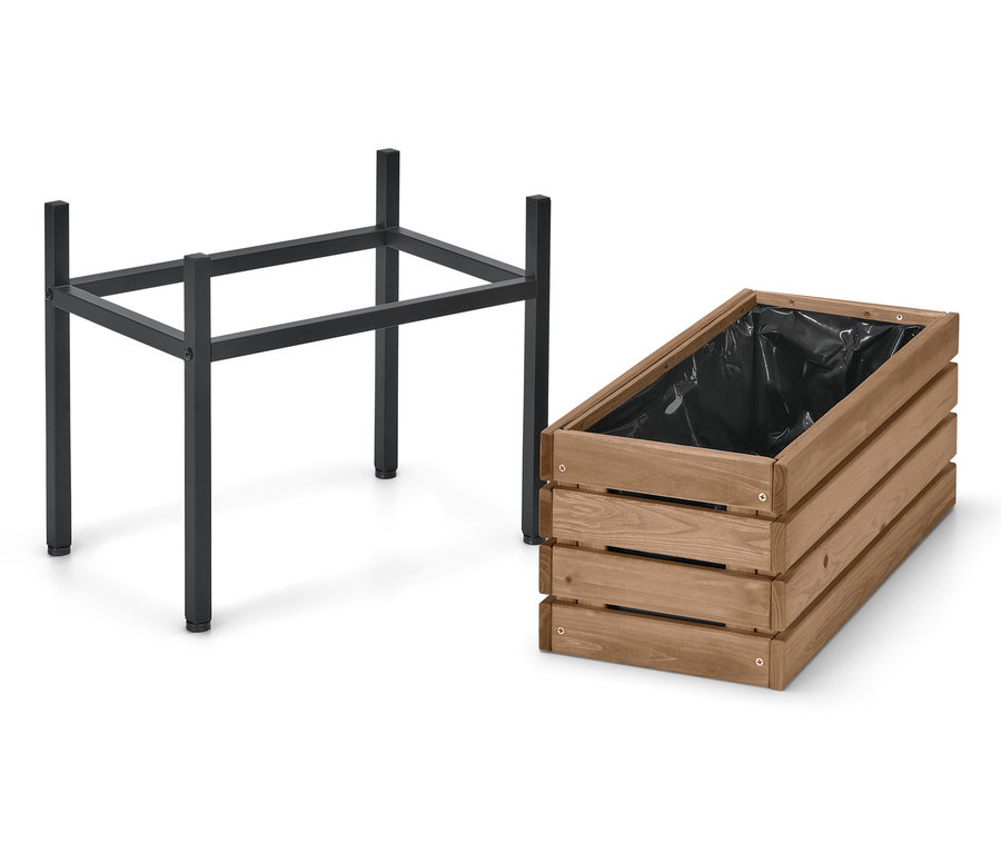 Siyah metal çerçeve, siyah iç kısma sahip kahverengi bir Elin kutu saksının yanında.