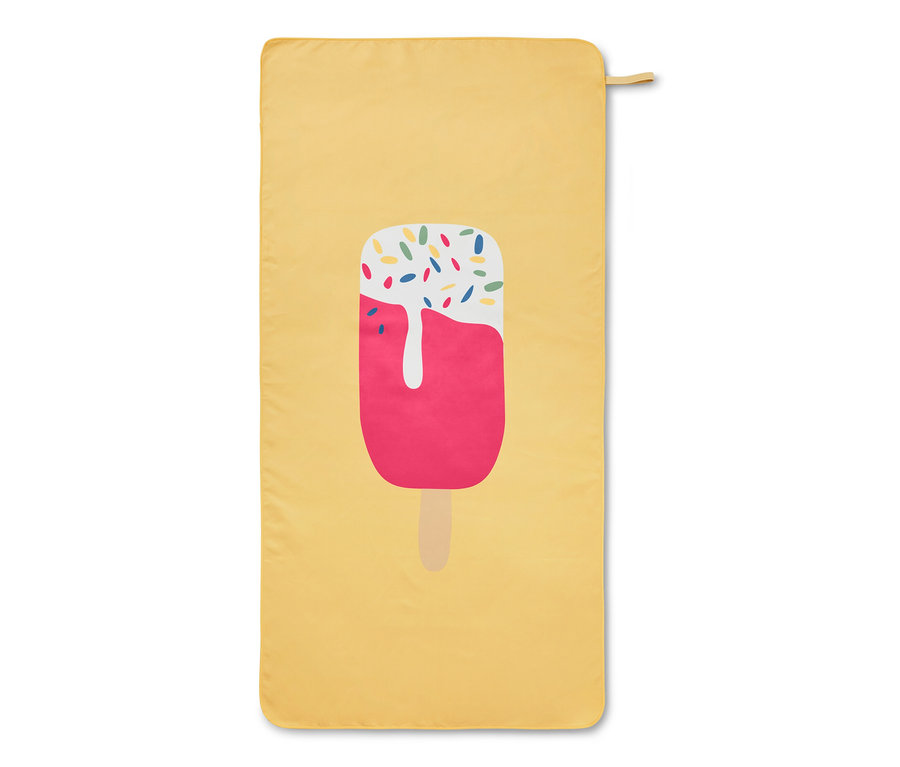 Sarı renkli, dondurma desenli çocuk mikrofiber havlusu.