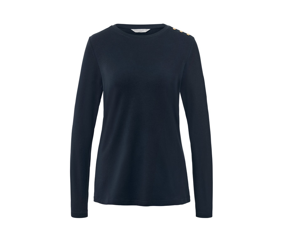 Omuz kısmında dekoratif düğmeleri olan lacivert uzun kollu tişört.