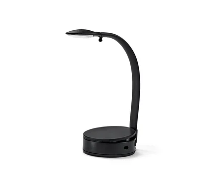 Kavisli kollu ve yuvarlak tabanlı siyah LED okuma lambası.