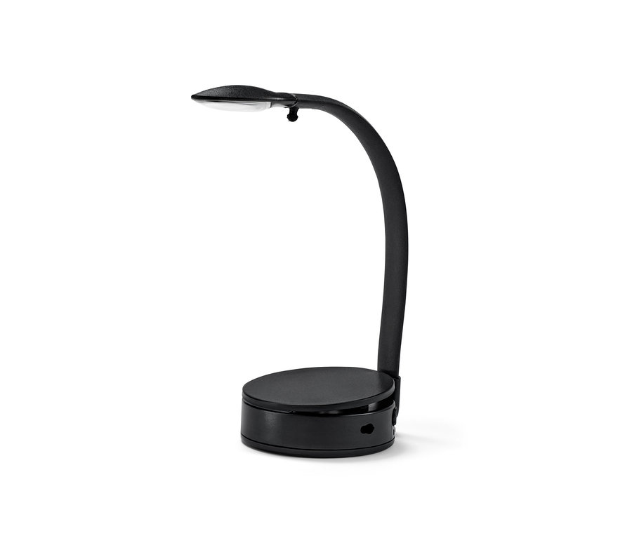 Kavisli kollu ve yuvarlak tabanlı siyah LED okuma lambası.