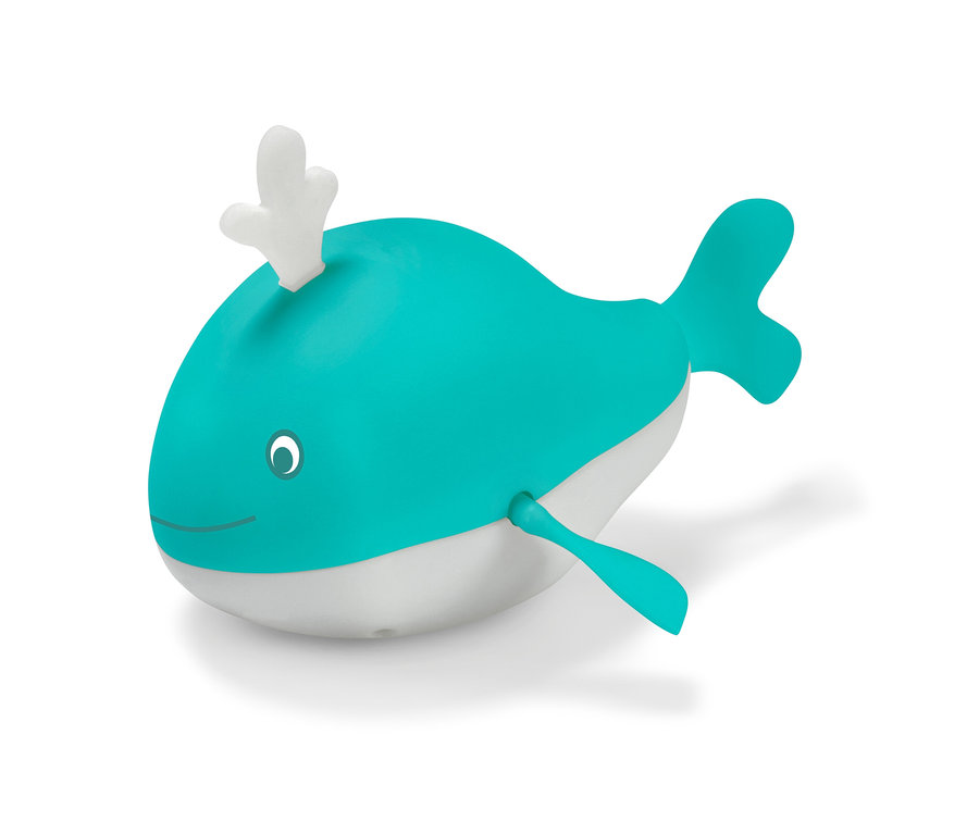 Turkuaz ve beyaz kurmalı balina banyo oyuncağı.