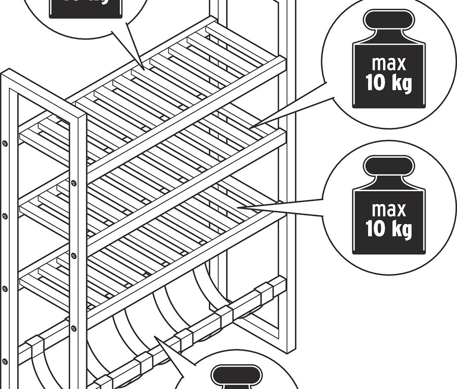 Her bir rafta ağırlık sınırları olan dar ayaklı raf çizimi.