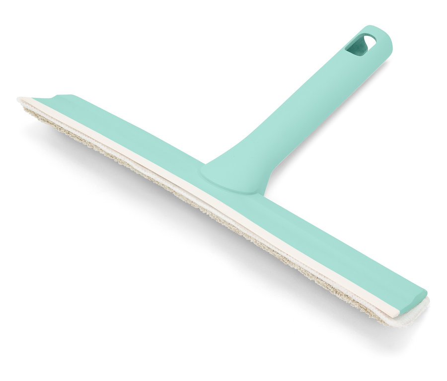 Beyaz bir arka plan üzerinde beyaz lastik dudaklı turkuaz bir cam sileceği duruyor.