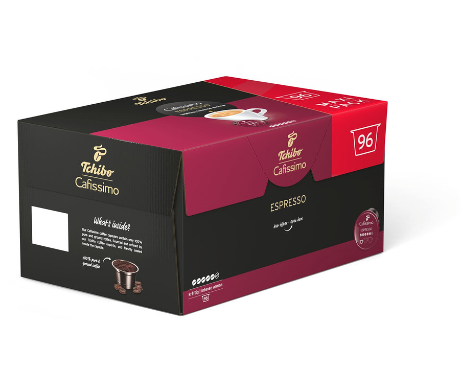 96 kapsüllük Tchibo Cafissimo Espresso paketi. Paket siyah, kırmızı ve beyazdır.