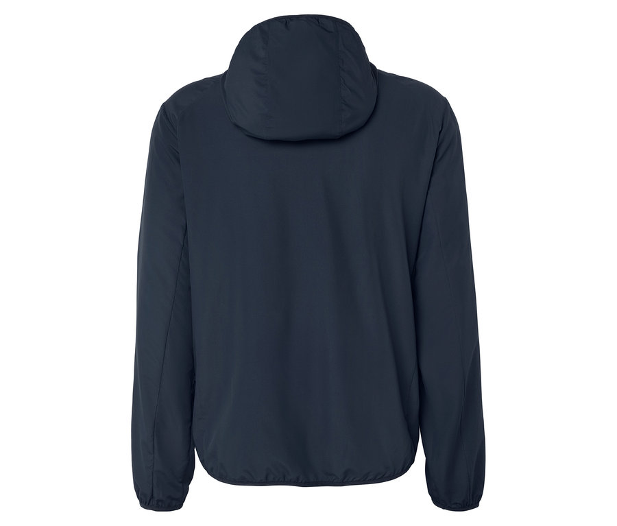 Kapüşonlu lacivert bir ceketin arka görünümü.