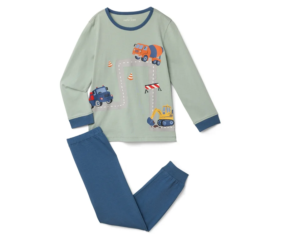 Mint yeşili, mavi manşetli ve inşaat araçları ve yol baskılı pijama.