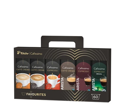 Çeşitli kahve kapsülleri içeren bir Cafissimo Favourites Collection paketi