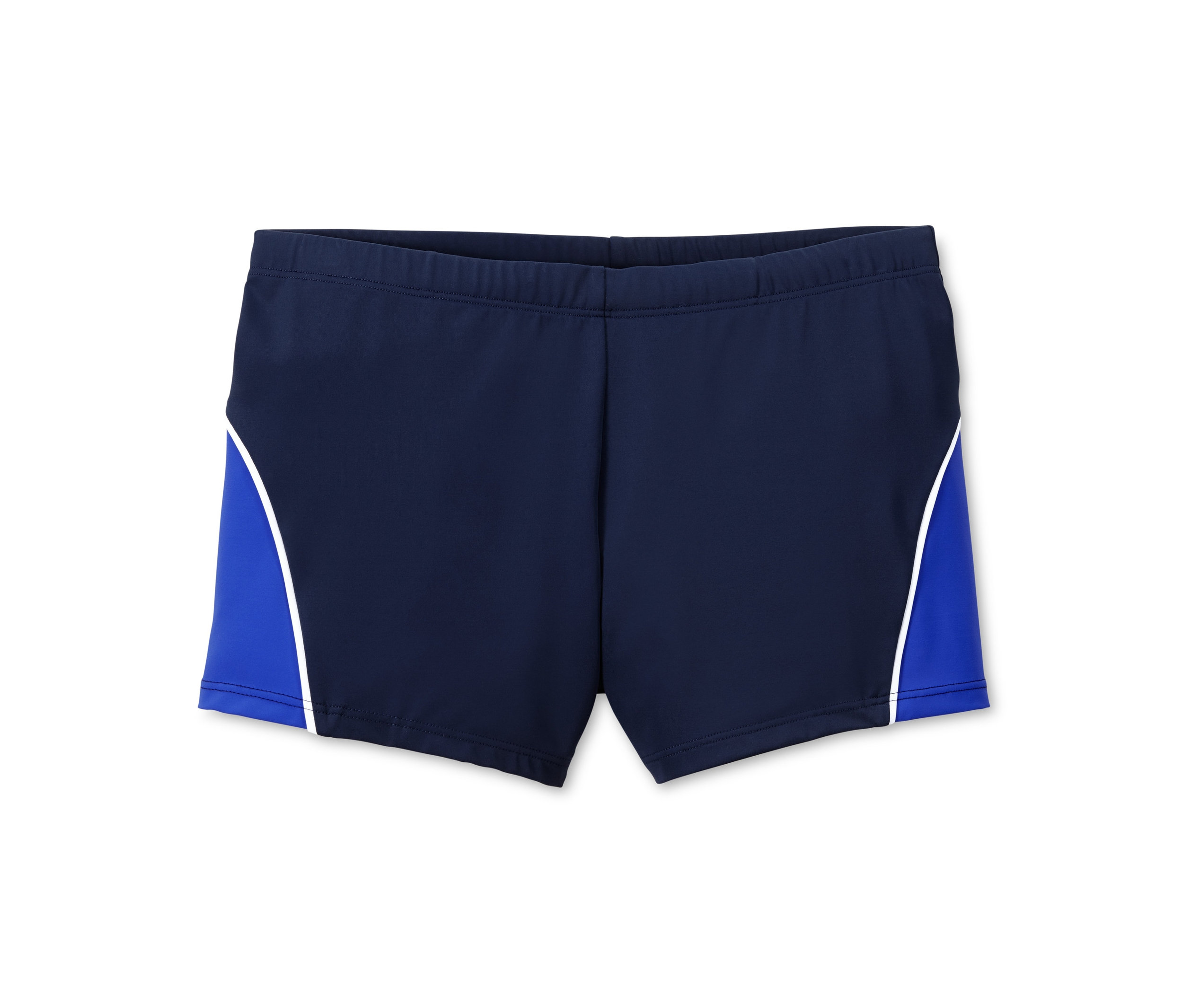 Lacivert şort mayo, mavi yanları ve beyaz şeritleri var.