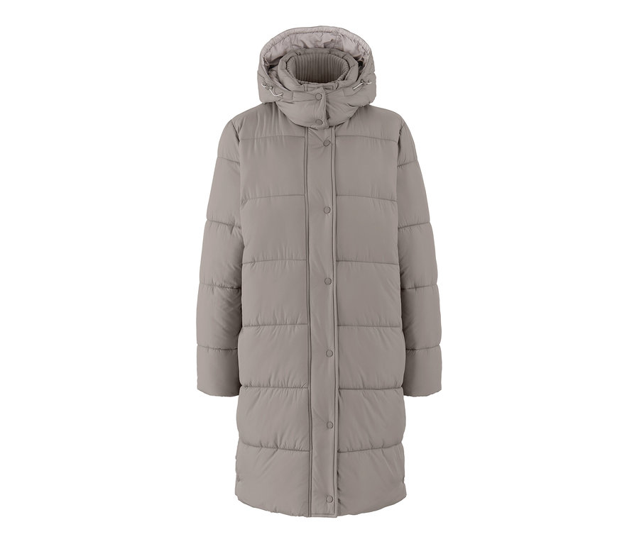 Boz kahverengi kapüşonlu kapitone mont.