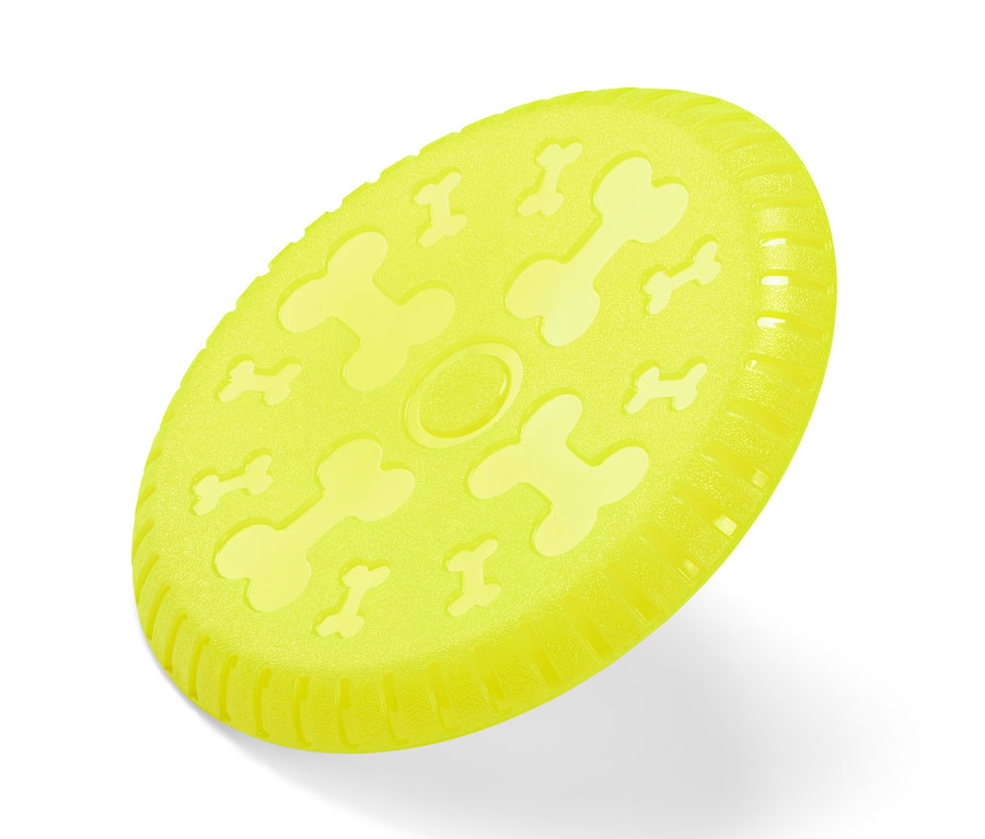 Kemik baskılı sarı köpek frizbi.