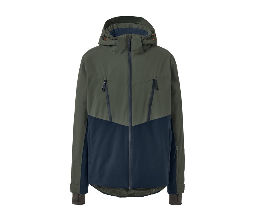 Haki renkli fermuarlı ve kapüşonlu kayak montu.