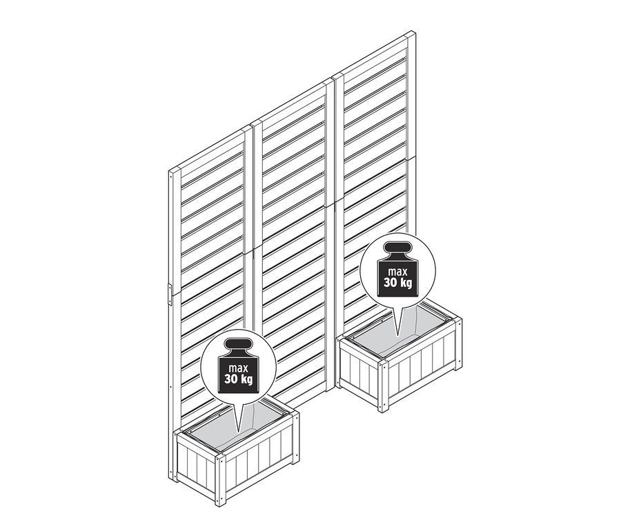 İki adet saksılı paravan »Tinus« ve maksimum 30 kg ağırlık bilgisi çizimi.
